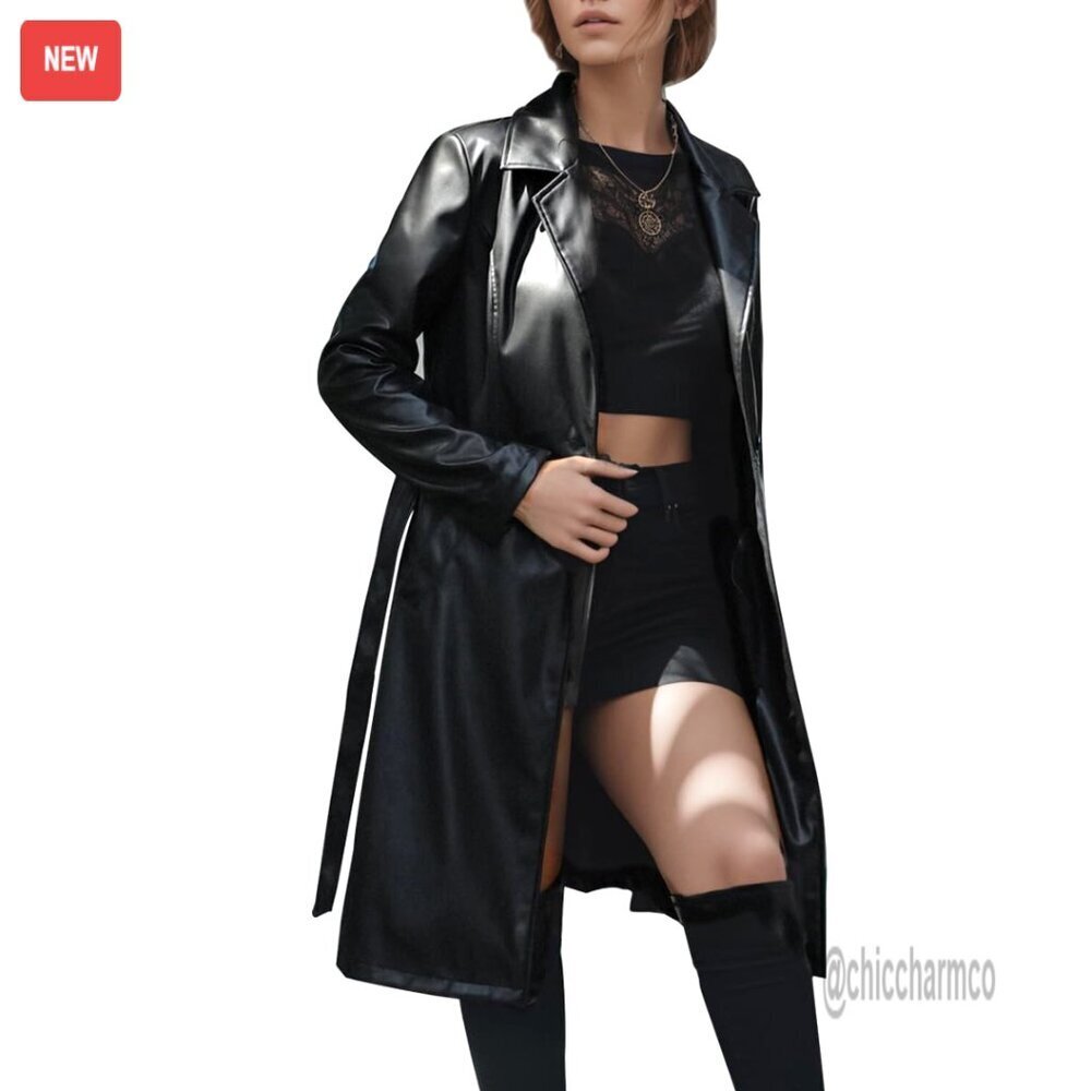 PU Leather Trench Coat with Belt, Classic Lapel, Long Jacket